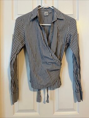DKNY Gray and White Striped Wrap-Front Button Down Shirt